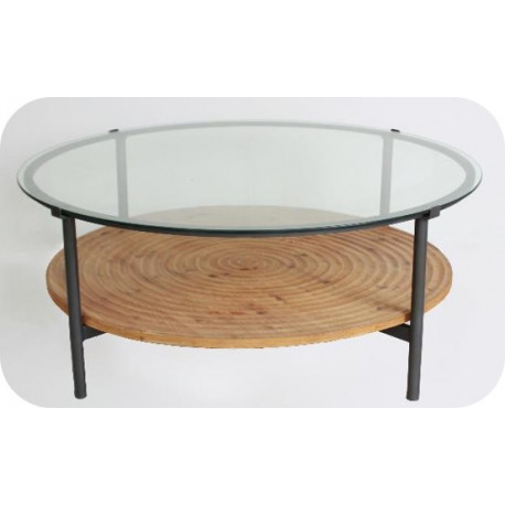 Table basse ronde verre / bois / métal noir 